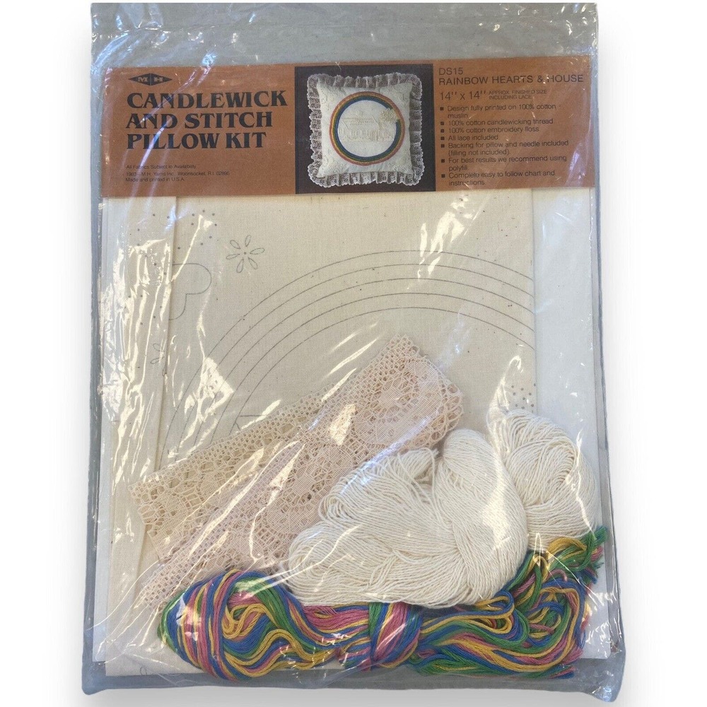 VTG Candlewick and Stitch Pillow Kit DS15 Rainbow Hearts & House 14" Square New - Picture 2 of 5